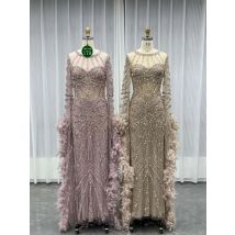 YQLNNE 0179 Mocha Long Sleeves Feathers Evening Dresses Crystals Beaded Formal Mermaid Gown