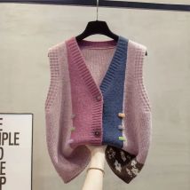 Damen-Strickweste mit V-Ausschnitt, Vintage-Oberbekleidung, modisch, 2025, ärmellose Weste, lässig, jugendliche Kleidung, Knopf, weiblicher Pullover