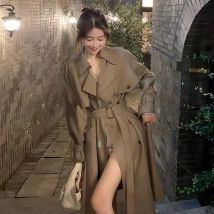 Women's Fashion Autumn Slim Trench Coats Solid Turn-Down Collar Long Sleeves Belt Decoration Double Breasted Female Coats
