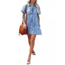Frauen Jeans hemd Kleider Kurzarm umdrehen Kragen Jeans kleid einreihig lässig Top lose gekräuselte Kante Frauen kleider