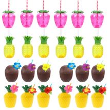 6/10 Stück hawaiianische Sommer-Ananas-Kokosnuss-Trinkbecher, erdbeerförmige Saft-Getränkebecher für Geburtstag, Hochzeit, Strand, Pool, Party