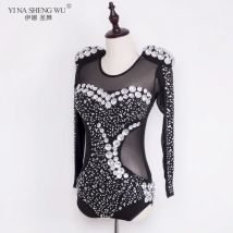 Perlen Strass Schwarz Langarm Jazz Dance Kostüm Overall Frauen Sexy Leistung Bühne Dance Kleid Wettbewerb Tragen Neue