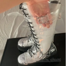 Transparente PVC-Stiefel, kniehoch, runde Zehen, flach, mit gemischten Farben, modisch, elegant, prägnant, sexy Neuheit, Damenschuhe, neuestes Leder
