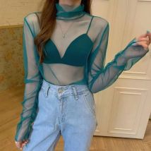 Sommer Frauen T Shirts Aushöhlen Fishnet Bodenbildung Shirt Koreanische Mode Langarm Mesh Tops Grün Weiß Top Tees Frauen Kleidung