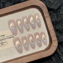 Handgefertigte Nägel zum Aufdrücken, glitzerndes Diamant-Design, künstliche Nägel, Heavy-Metal-Aurora, französisches Katzenauge, mandelförmige falsche Nagelflicken
