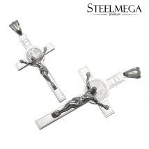 STEELMEGA Katholischer Kruzifix-Anhänger aus Edelstahl mit Medaille des Heiligen Benedikt