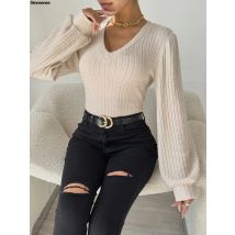 Damen-Body mit V-Ausschnitt und langen Ärmeln, Herbstmode, gerippter Strick, schmale Passform, figurbetonter Body, Top, lässig, täglich, Date, Straße, Basic-Trikots