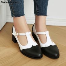 Schwarz-weiße T-Riemen-Schuhe mit dickem Absatz und 2025, klobiges Pu-Leder, Mary Jane-Pumps für Damen, runde Zehen, Plattform, Retro-Schuhe für Damen