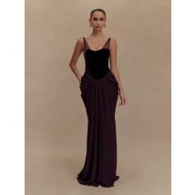 New Sexy Mesh Straps Velvet Corset Patchwork Long Dress Women Sleeveless Backless Folds Slim Dresses Elegant Evening Party Gowns