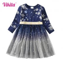 VIKITA Mädchen Schneeflocken Drucken Weihnachten Neujahr Geschenk Kleid Mädchen Herbst Winter Langarm Farbverlauf Prinzessin Party Kleider