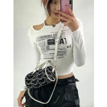 Karrcat Korean Fashion Hollow Out Crop Tops Grunge Letter Printed Long Sleeve T-shirts Vintage Streetwear Sexy Slim Tee Shirts