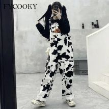 Straße Hip-Hop Harajuku Mädchen Kuh Druck Oneies für Frauen Schwarz Weiß Plaid Overalls Casual Overall Hosen Baggy Hosen