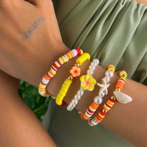 Ingemark Boho-Armbänder-Set aus Polymer-Ton für Damen, Seestern, Muschelblume, Imitationsperle, elastische Armreifen, ästhetischer Schmuck