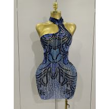 Sexy Sparkly Rhinestones Chains Blue Mesh Short Dress 2025 New Women Party Celebrate Birthday Dresses Photo Shoot Stage Wear