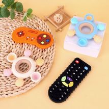 3PCS Weiche Spielzeug TV Fernbedienung Form Kinder Zahnen Food Grade Silikon Säuglings Ruder Beißring mit Holz Ring