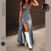Europa und die Vereinigten Staaten Retro Wash Do Old Denim Neckholder Slim Single-Breasted Big Swing Kleid für Damen Sommer Vestidos