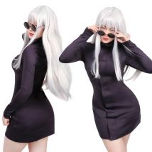 WENHAM Damen US-Größe Gojo Satoru Cosplay Kostüm Dehnbarer Uniformanzug Party Outfit Lila Kleid mit Brille für Halloween