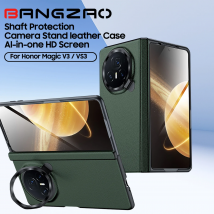 für Honor Magic V3 Leder-Schutzhülle, Kameraständer, integrierte HD-Schutzfolie, drehbarer Wellenschutz, Handyhülle, Grün