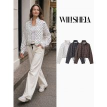Willshela Women Fashion Dot Lace Up Front Zipper Jackets Vintage High Neck Long Sleeves Female Chic Lady Outfits