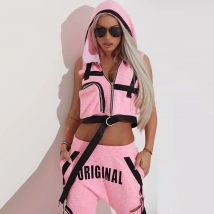 Oshoplive Fashion Hooded Zipper Sleeveless Vest&Letter Print Hole Pants Two Pieces Set Spring Summer Casual Sportsuits For Women