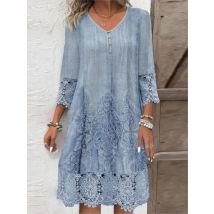 Vintage Einfarbig Spitze Kleid Frauen Frühling Sommer Mode V-ausschnitt Taste Lose Beiläufige Kleider Weibliche 2025, Urlaub Robe Femme
