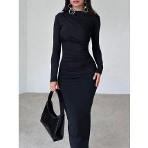 Women Elegant Solid Black Bodycon Maxi Dress Long Sleeve Lady O-neck Evening Party Vestidos Robe