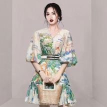2022 neue Fashion Runway Sommer Frauen Laterne Hülse V-ausschnitt Floral Print Boho Urlaub Strand Damen Mini Kleid Vestido Mit Gürtel