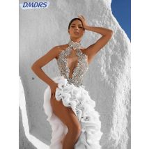 Perlen Strass lange mit Rüschen Abendkleid sexy Neck holder Seite hoch geschlitzten Ballkleider maßge schneiderte Cocktail kleid für Frauen