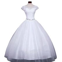 White or Red Cheap Lace Wedding Dress O-neck Short Sleeves Princess Lace up Floor length Vestidos De Novia Bride Ball gown HS587