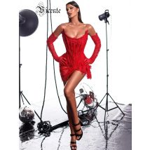 VC Birthday Party Dresses For Women Sexy Strapless Draped Design Lace Mini Dress With Gloves Long Sleeves