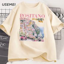 Positano Italien T-Shirt Vintage italienisches T-Shirt Übergroßes süßes Damen-Grafik-T-Shirt Retro Kurzarm Italien Urlaubs-T-Shirt Unisex