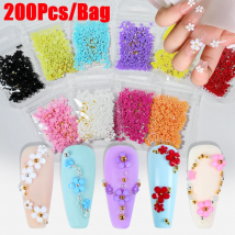 200 Teile/beutel 3D Harz Blumen Nail art Charms 0,4/0,6mm Fünf-blütenblätter Floral Nägel Strass + stahl Perlen + Perle Maniküre Dekoration