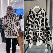 ETJ 2025 Herbst/Winter Neuer Damen-Hoodie aus Jacquard mit übergroßem Tiermuster und langen Ärmeln, Strick-Hoodie mit Leopardenmuster 2142195