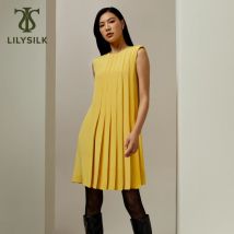 LILYSILK Abito da donna in seta plissettata a fisarmonica senza maniche Abito longuette elegante a trapezio da donna con girocollo e spalle imbottite