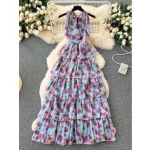 Elegante Frauen Strand langes Kleid Sommer Blumen Pinring sexy hängende Hals Schicht Kleider Französisch hohe Taille schlanke Party lange Robe
