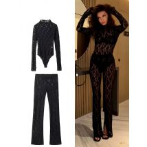 HH Pantaloni da donna in pizzo Set Tute slim Top + Pantaloni a vita alta Tute da donna sexy in pizzo floreale traslucido Y2k