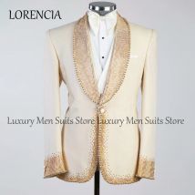 Abiti da uomo con perline glitterate colletto alla coreana smoking da sposa da sposo set da 3 pezzi blazer da ballo maschile pantaloni Outfit Costume di lusso Homme