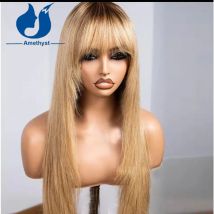 Amethyst Straight Blonde Full Machine Made Human Hair Wig with Bang for Women Brazilian Remy Hair Scalp Top with Dark Root Ombre