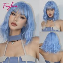 Blue Bob Curly Wavy Synthetic Wigs with Bangs Short Colorful Blue Cosplay Wig for Women DaiIy Lolita Natural Heat Resistant Hair