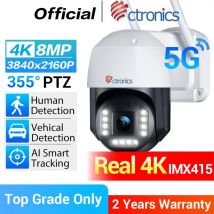 Ctronics Real 4K Telecamera di sorveglianza esterna 5Ghz Wifi 8MP 3840x2160P Telecamera IP di sicurezza per visione notturna a colori 360 Monitoraggio automatico