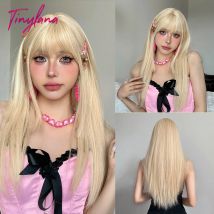 Lange gerade blonde goldene synthetische Perücken, Lolita, Cosplay, natürliches Haar mit Pony für weiße Frauen, Party, Alltag, hitzebeständig