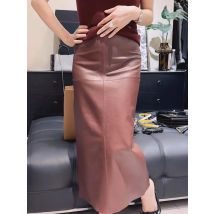 Gonna lunga in pelle alla caviglia da donna primaverile con gonna dritta divisa sul retro in morbida vera pelle femminile dimagrante 90 cm ampia