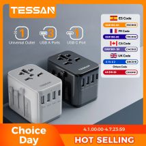 Adattatore da viaggio universale TESSAN con porta USB e tipo C, adattatore di alimentazione mondiale Spina UE/Regno Unito/USA/AUS per viaggi internazionali
