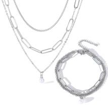 EILIECK 316L Stainless Steel Pearl Pendant Necklace Bracelets Set For Women Fashion Silver Color Multilayer Chain Jewelry Set