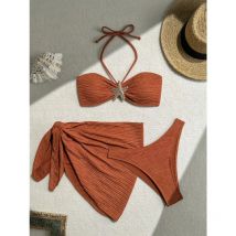 Metall-Seestern-Braun-Bandeau-Bikini-Sets, 3-teilig, sexy Badeanzüge, Vertuschung für Damen, 2025, Urlaubs-Bademode, hoch geschnittene Badende, Strandkleidung