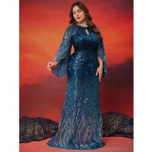BLUEPLUM Plus Größe Elegante Lange Ärmel Pailletten Blau Abendkleid Frauen Luxus Formale Boden LengthParty Prom Cocktail Kleider