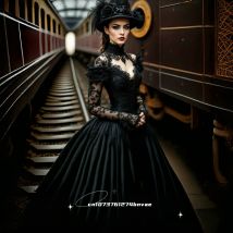 Gothic Schwarz Brautkleid Spitze Lange Ärmel Hoher Kragen Falten Satin Ballkleid Brautkleider Mittelalterliche Vestidos Angepasst