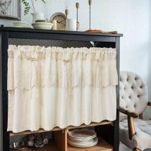 Beige durchscheinender Jacquard-Kurzvorhang, bestickte Spitze, Schleife, halber Vorhang für Mädchenzimmer, Schlafzimmer, Esszimmer, Café-Dekoration