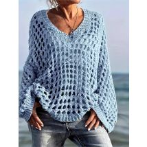 Casual Knit Tops For Women Fashion Solid Sweater Hollow Out Long Sleeve O Neck Pullover Loose Top Lady Holiday Beach Clothes New