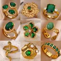 Anelli di fiori di zircone verde in acciaio inossidabile di lusso per le donne Anello di barretta di serpente placcato oro Festa di nozze Gioielli squisiti Nuovo